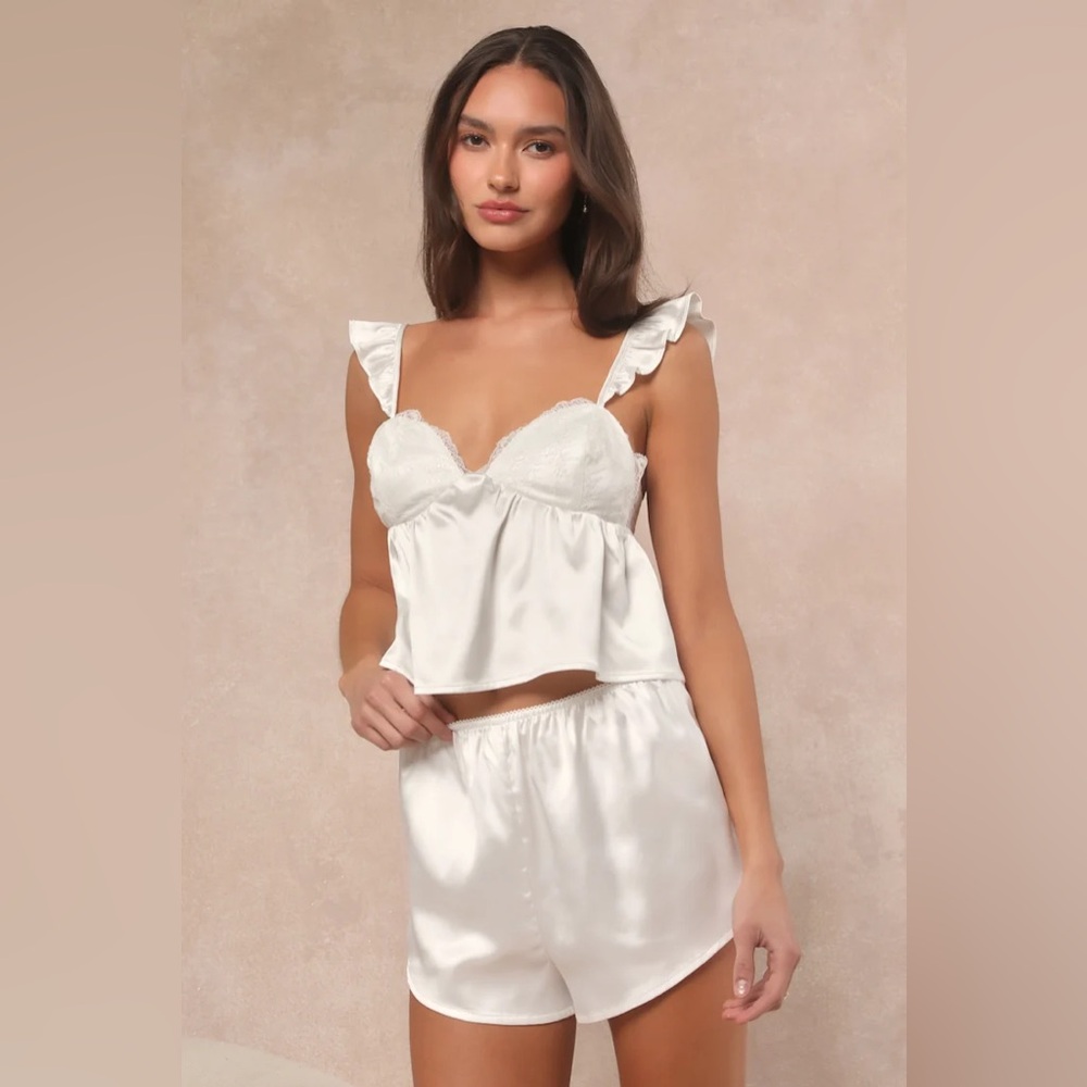 Lulus Keona Ivory Satin Lace Ruffled Two-Piece Pajama Set